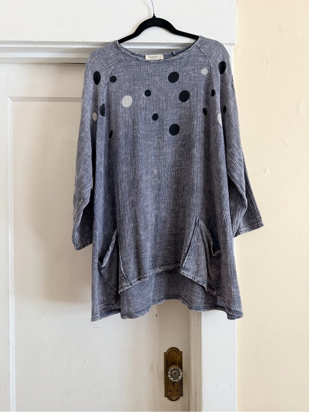 Jess & Jane M103 Gray Polka Dot Mineral Wash Cotton Tunic L USA